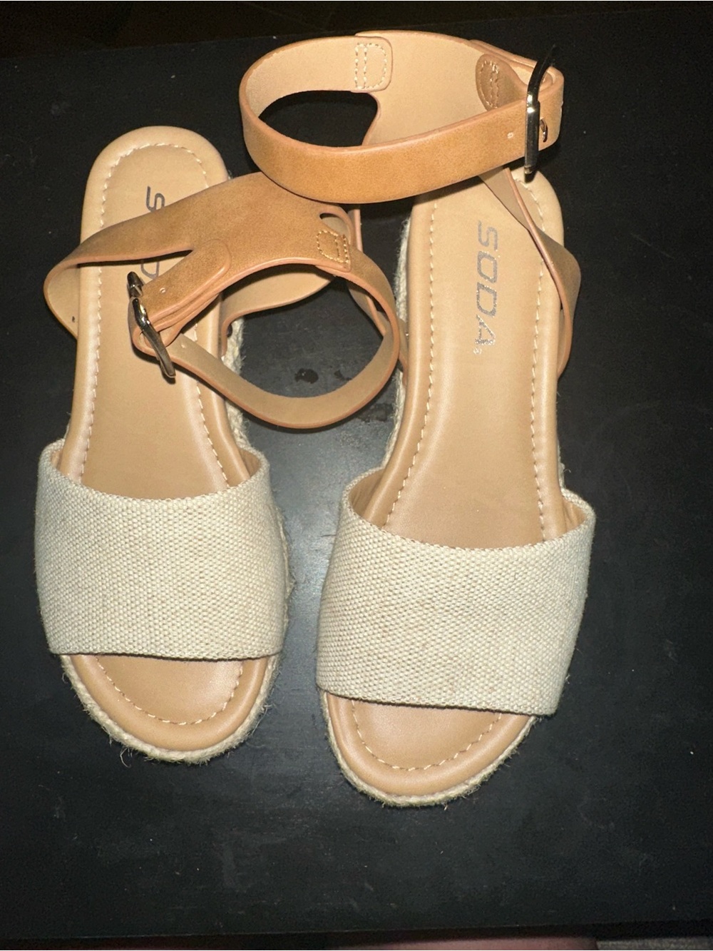 Soda Tan Ankle-Strap Sandals with Cream Fabric Toe Band